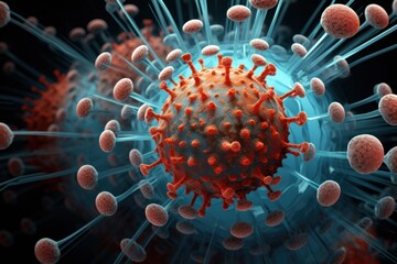 Virus, bacteria, microbe close-up. Macro. Virus outbreak. Medicine, microbiology concept. Biochemical research. Medical background. Scientific article, magazine, banner, poster, brochure presentation