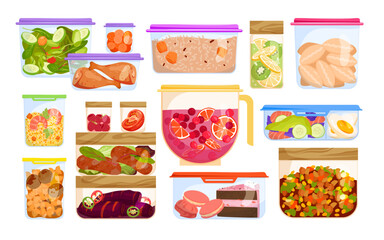 Cartoon isolated glass and plastic containers collection with healthy meal left over from dinner or lunch, food organization and storage in home fridge. Leftover food in boxes set vector illustration
