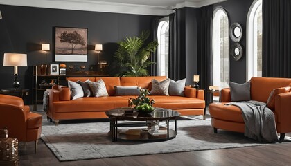 Orange leather sofas and chairs in large living room with modern interior design against a dark classic wall for home
