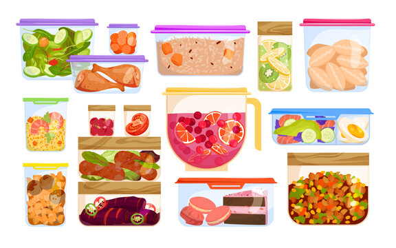 Cartoon Isolated Glass And Plastic Containers Collection With Healthy Meal Left Over From Dinner Or Lunch, Food Organization And Storage In Home Fridge. Leftover Food In Boxes Set Vector Illustration