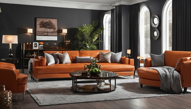 Orange leather sofas and chairs in large living room with modern interior design against a dark classic wall for home