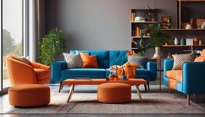 Blue sofa and orange armchair in bright multicolored modern living room
