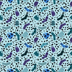 Winter warm socks and cup of tea seamless Christmas pattern for wrapping paper and fabrics and linens