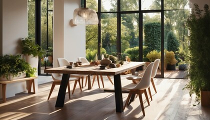 Fototapeta premium Sunny dining space: Features fireplace and outdoor deck access