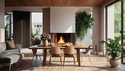 Fototapeta premium Outdoor deck access from sunny dining space with fireplace