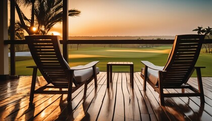Two armchairs on wooden veranda at resort: Tranquil sunrise view over golf course