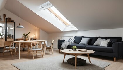 Scandinavian home interior: Modern living room design in attic with lining ceiling