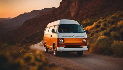 Adventure road trip: Van traveling at sunset on a canyon path amidst nature