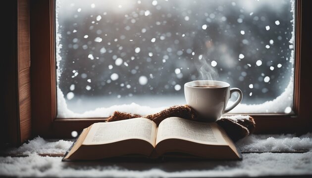 Snowy landscape view from vintage windowsill: Winter still life with hot coffee and book