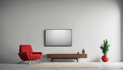 Wall-mounted TV and red armchair in a living room with a white wall