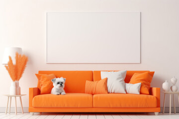 Blank horizontal poster frame mock up in scandinavian style living room interior, modern living room interior background, orange sofa with little white dog, white wall. Template, Canvas for design.