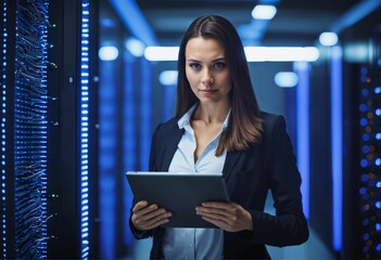 Young woman checks server operation and automation in a data storage room with her tablet