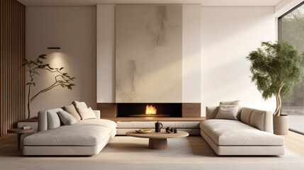 Minimalistic interior design style, living room with clean line and neutral tones, with natural elements, calming, relaxing, tranquility