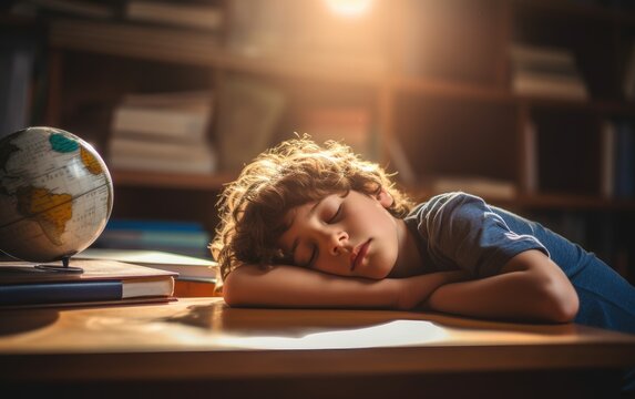 A kid is sleeping on the desk in a college classroom