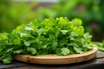 A bunch of fresh, vibrant green parsley on a thin wooden plate with a slightly blurred background