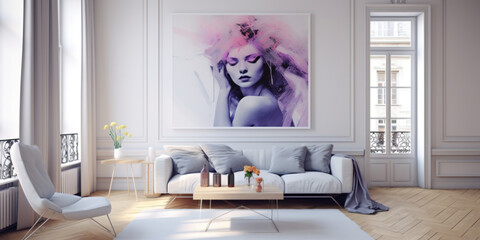 Cozy white interior with purple pillows and painting on the wall