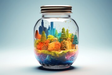 Fantastic illustration of small fairy-tale world of town with trees, lake, rainbow inside glass jar. Mystical beautiful town isolated in jar. Colorful fantasy art. For postcard, book, scrapbooking. - obrazy, fototapety, plakaty