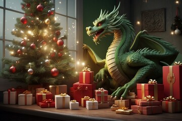 Fototapeta premium New Year's atmosphere, gifts, beautiful Christmas tree and the year of the dragon green