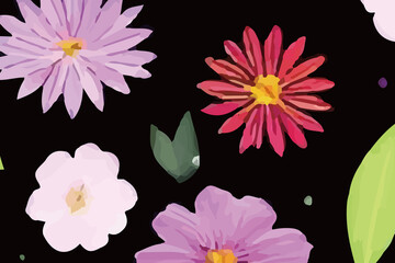 Watercolors and various flowers, chrysanthemums, roses, peonies, are beautiful