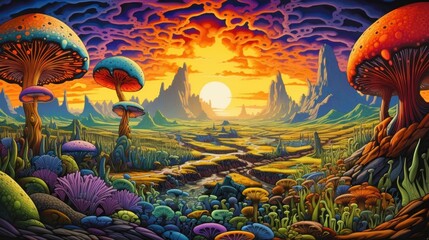 Fantasy alien planet world. Psychedelic surreal fantasy landscape with unreal huge mushrooms, unreal plants, mountains and spiral sky. The fairy-tale world of other planets. Book Illustration Clipart - obrazy, fototapety, plakaty