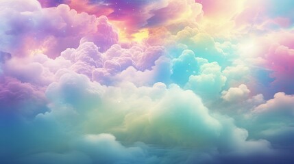 Delicate rainbow clouds of pink, purple, turquoise, blue colors. Abstract beautiful sky background. Copy Space.