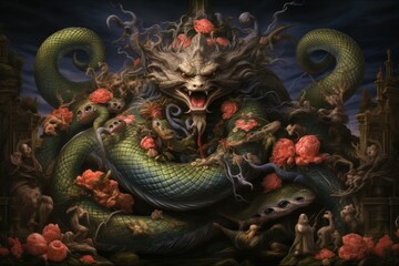 Fototapeta premium Serpentine naga, possessing both human and snake-like features, with vast wisdom - Generative AI