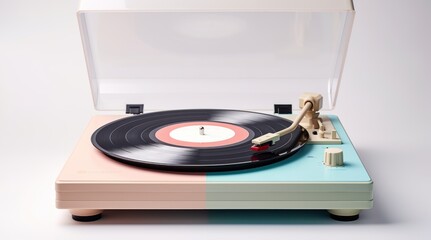 Vintage vinyl turntable with vinyl plate. Entertainment 70s. vintage record player with pastel-colored vinyl records isolated on a clean white background.