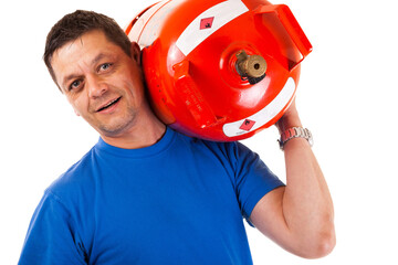 A man carrying a gas cylinder on his shoulder isolated on transparent or white background.