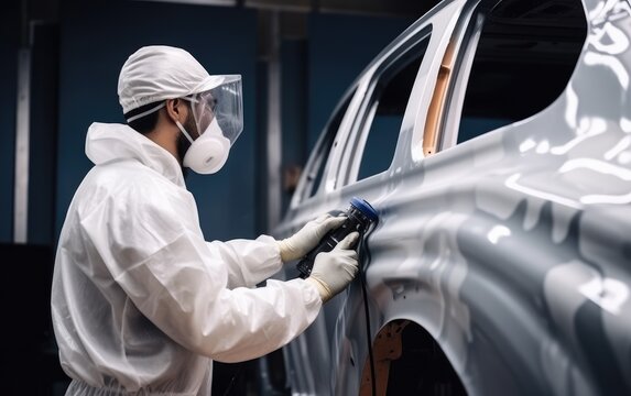 A painter in protective workwear and respirator painting a car body