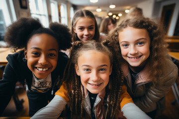 Happy student, pupil friendship concept. Multiracial classmate friends sitting together, diverse school class room. Generation z girl friends having fun social gathering inside. Youth and education - Powered by Adobe