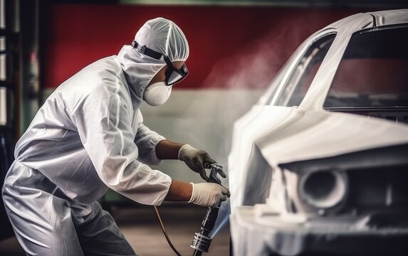 A painter in protective workwear and respirator painting a car body