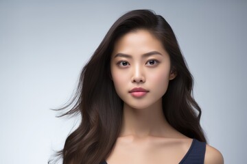 Young beautiful Asian model with long black straight hair close-up on light blue background. Copy space. Clear glowing skin. Natural makeup. Beauty saloon. Salon. Treatment, care, spa procedures.