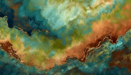 Earthy tones of moss green, burnt sienna, and deep cerulean blend seamlessly, forming a rich and textured abstract landscape.