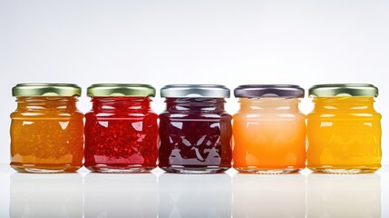 Glass jars with jam of different colors from different fruits. lined up, white background. Eco healthy food. Sweet dessert. For product presentation in organic food online store. Food blogging