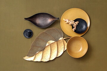 Fototapeta premium decorative assemblies seen from above with plates, bowls and objects with fruits and vegetables