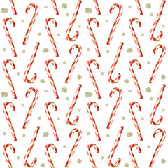 White background with colorful candy cane and abstract round watercolor spots. Christmas traditional sweet treats, striped lollipops. Watercolor illustration, painting. Seamless pattern design.