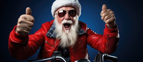 Photo of elderly grandfather with a white beard rides a vintage scooter enthusiastically raising his fist rushing to save a Christmas miracle wearing a Santa Claus outfit and sunglasses agai