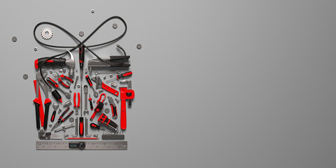 A symbolic gift box made of construction tools. New Year and Christmas greeting illustration. 3D render.
