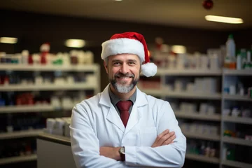 Foto op Canvas Smiling adult male professional pharmacist red Christmas Sant's hat standing in pharmacy shop or drugstore with medicines shelf. Health care celebrating New Year holiday concept © Valeriia