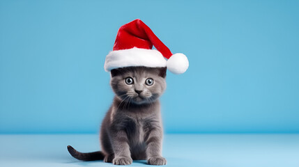 cute cat with christmas hat, merry christmas, xmas wallpaper with copy space
