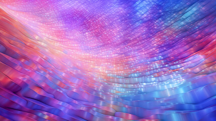 Abstract fractal geometric wavy background in blue, pink, purple. Holographic rainbow technology backdrop. Vibrant, dynamic 3d render chrome wave effect for space disco party. 