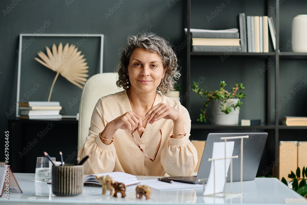 Poster mature smiling female director or ceo sitting by desk in front of laptop and looking at camera while