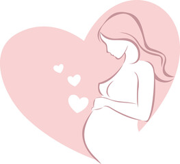 Pregnant woman. Expecting a child with love. Sketch, silhouette outline drawing logo of future mother-to-be in a heart shape