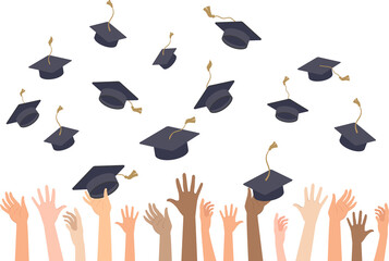 Multiracial people's hands throwing graduation hats in the air. Graduating students. Celebrate End of the School, College or University - 667906627