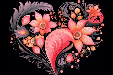 Imaginative floral heart in pink on a contrasting background. Generative AI