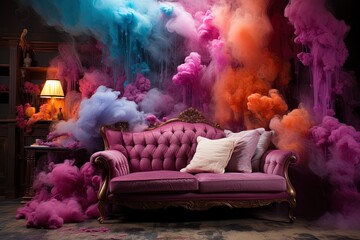 Pink classic retro sofa with three pillows in the room. Modern colorful design. Luxury interior. Holi colors at background. 