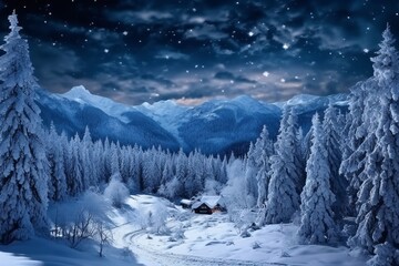 Fototapeta na wymiar Winter landscape with snowy fir trees in mountains at night. Christmas background
