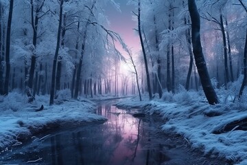 Winter forest with snow covered trees and stream. 