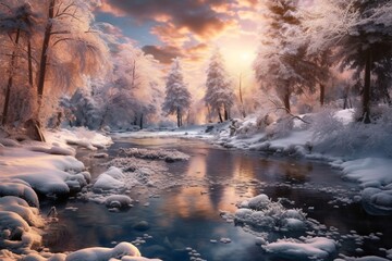 Beautiful winter landscape with frozen river and forest. Panorama. Frozen winter landscape with snow covered trees and lake.