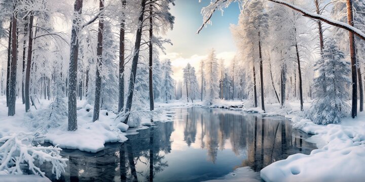 Beautiful winter landscape with frozen river and forest. Panorama. Frozen winter landscape with snow covered trees and lake.